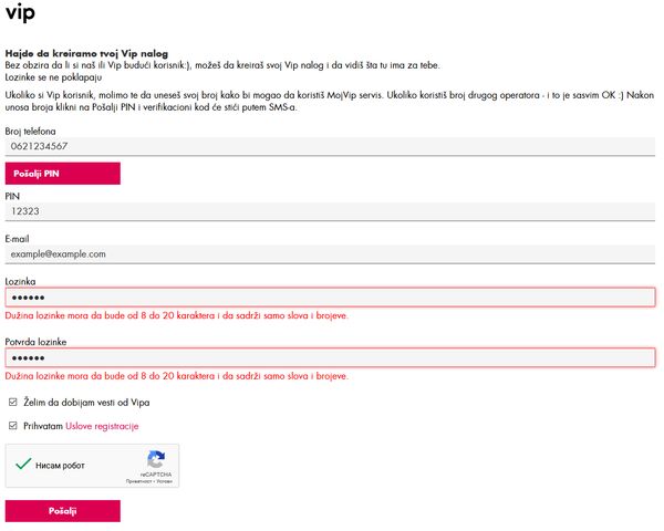 Vip Mobile Serbia dumb password rule screenshot